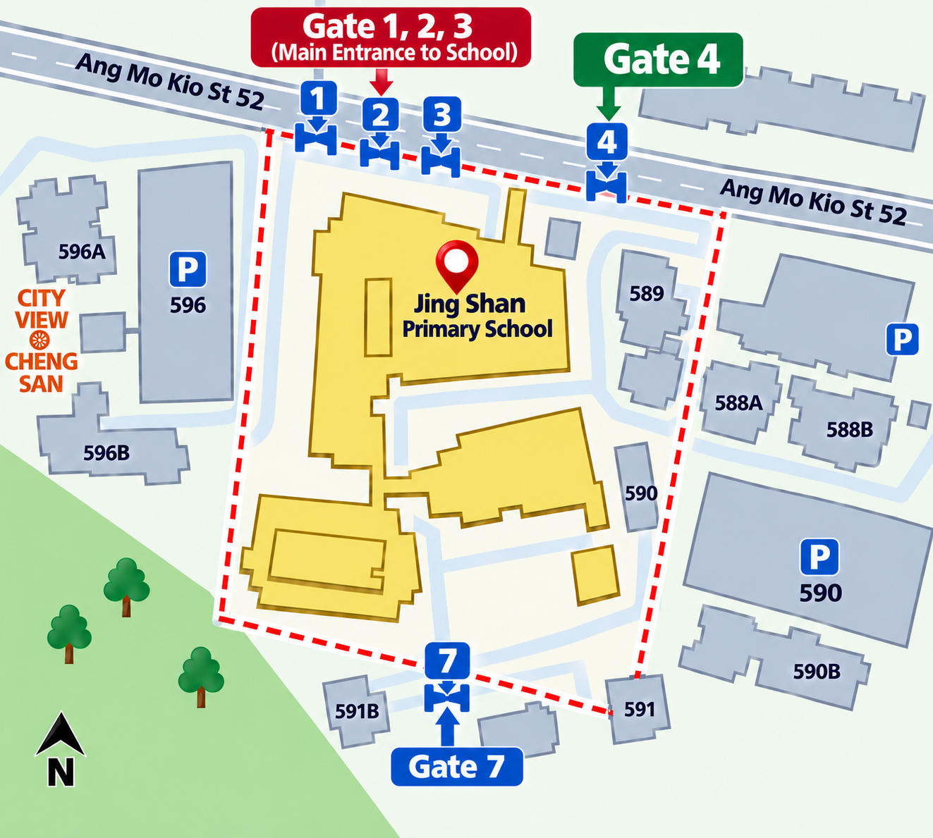 Map of Jing Shan Primary School showing three labeled gates connected by a dashed red route line.